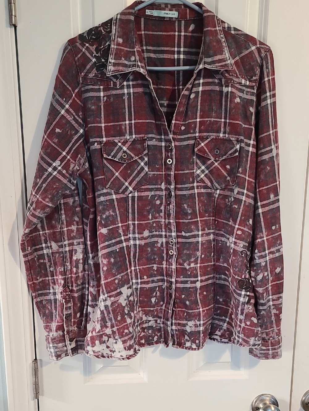 Maurices Burgundy and White Distressed Plaid Button-Down Shirt